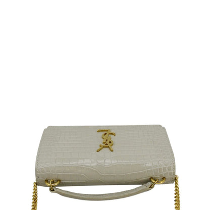 YVES SAINT LAURENT Sunset Crocodile Embossed Leather Crossbody Bag Ivory