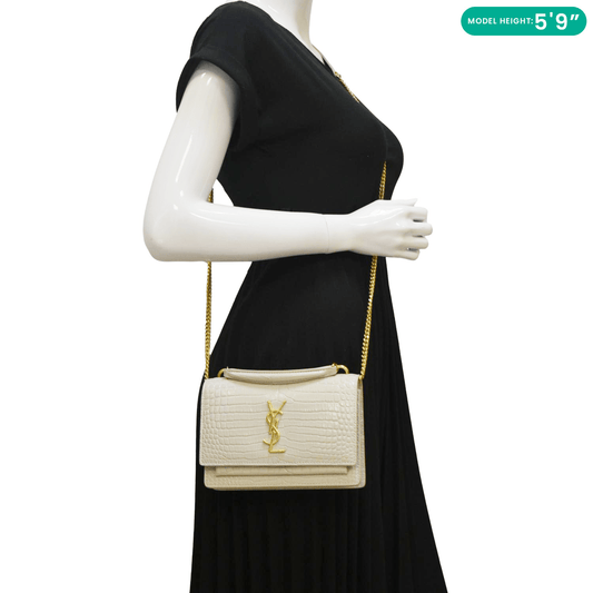 YVES SAINT LAURENT Sunset Crocodile Embossed Leather Crossbody Bag Ivory