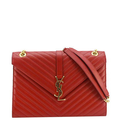YVES SAINT LAURENT Large Envelope Chevron Quilted Leather Chain Shoulder Bag Red