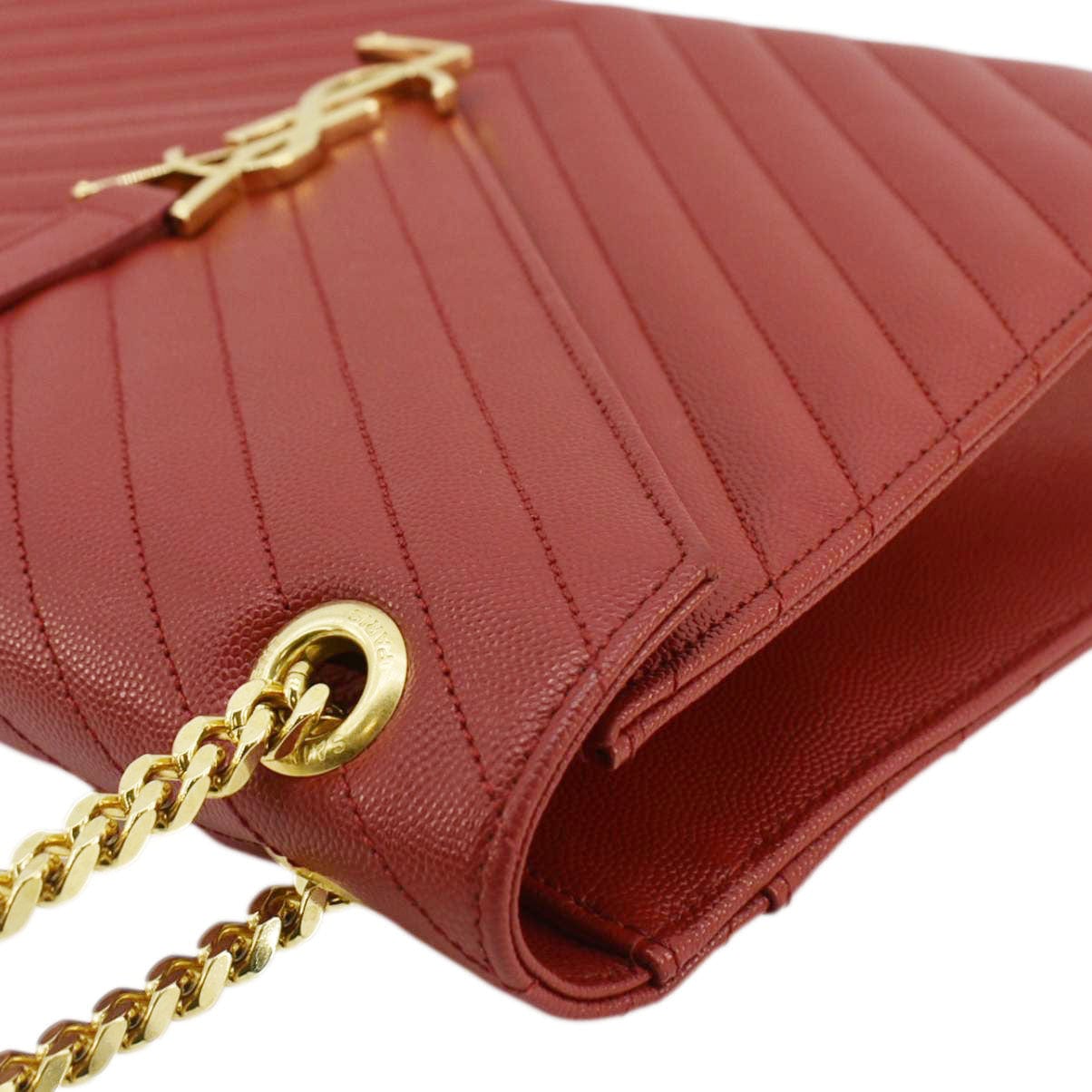 YVES SAINT LAURENT Large Envelope Chevron Quilted Leather Chain Shoulder Bag Red