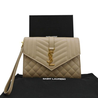 YVES SAINT LAURENT Envelope Flap Matelasse Leather Shoulder Bag Beige