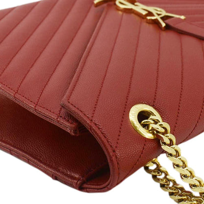 YVES SAINT LAURENT Large Envelope Chevron Quilted Leather Chain Shoulder Bag Red