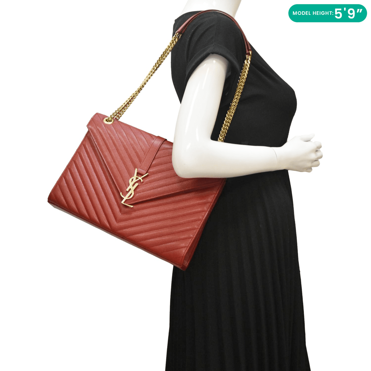 YVES SAINT LAURENT Large Envelope Chevron Quilted Leather Chain Shoulder Bag Red