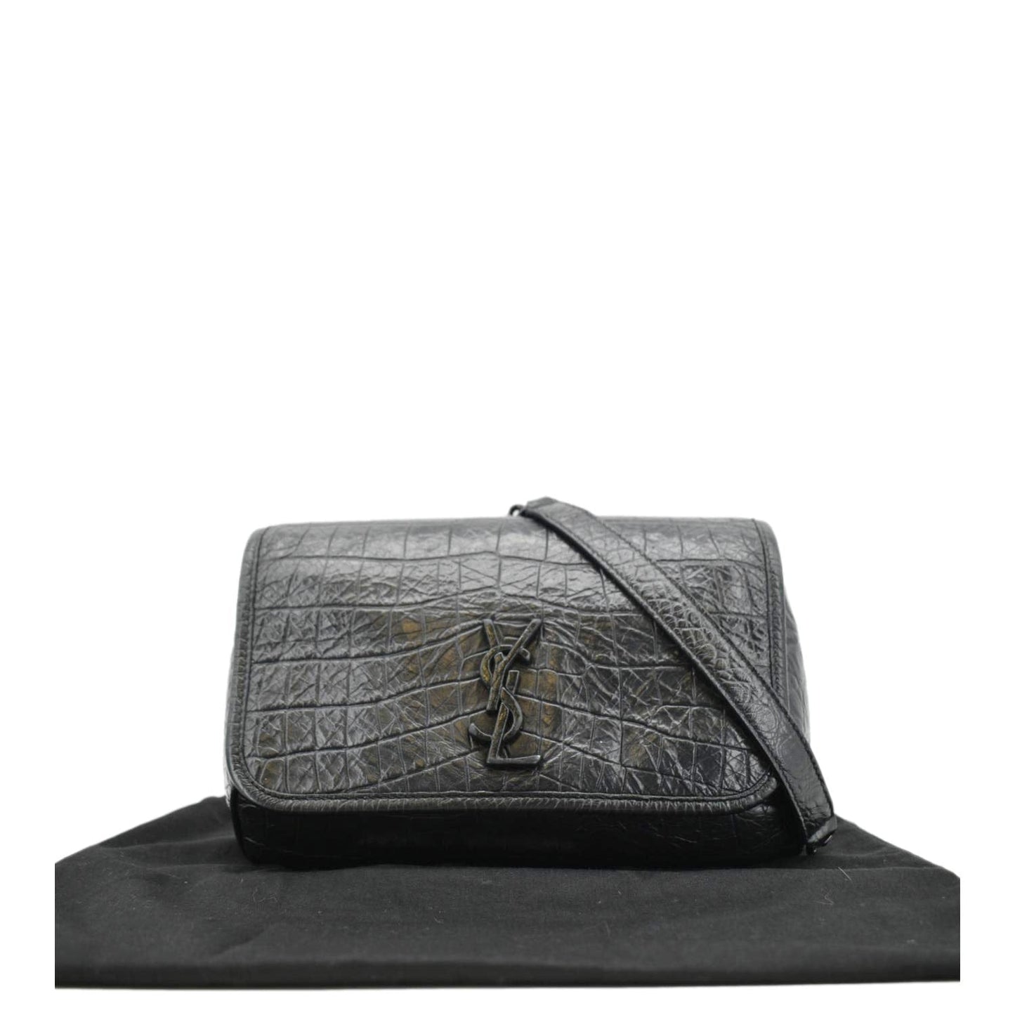 YVES SAINT LAURENT Niki Baby Crocodile Leather Chain Shoulder Bag Black