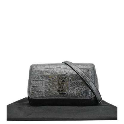 YVES SAINT LAURENT Niki Baby Crocodile Leather Chain Shoulder Bag Black
