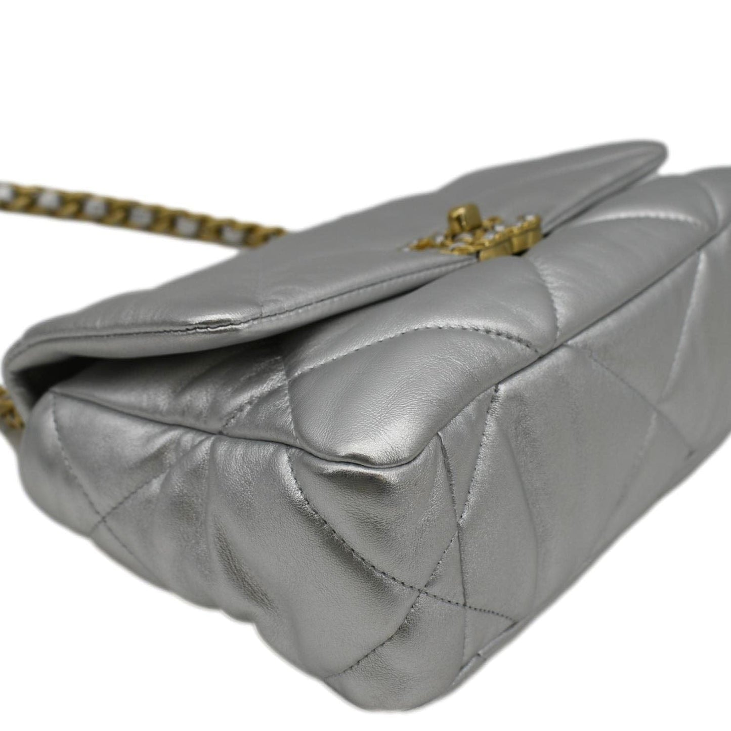 CHANEL 19 Medium Flap Quilted Leather Shoulder Bag Metallic Silver