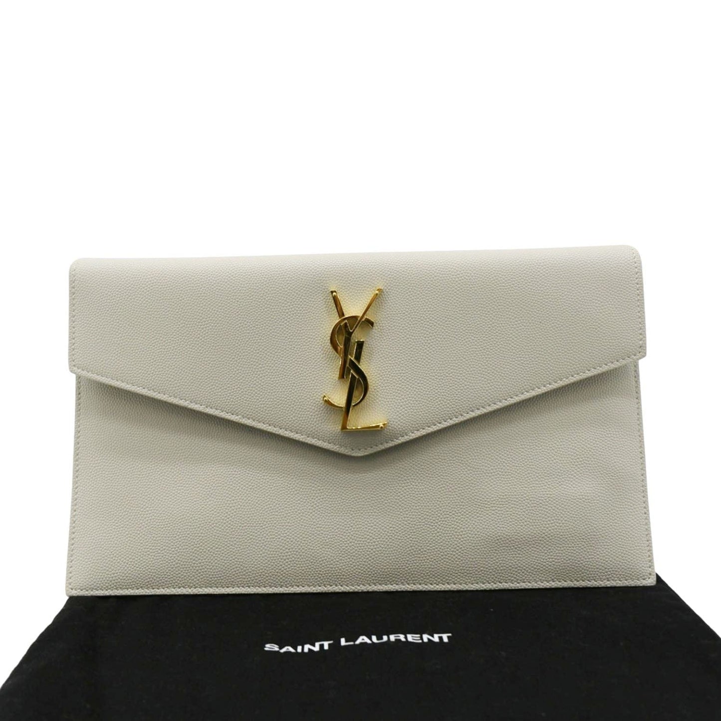 YVES SAINT LAURENT Uptown Envelope Grain De Poudre Leather Clutch Light Grey