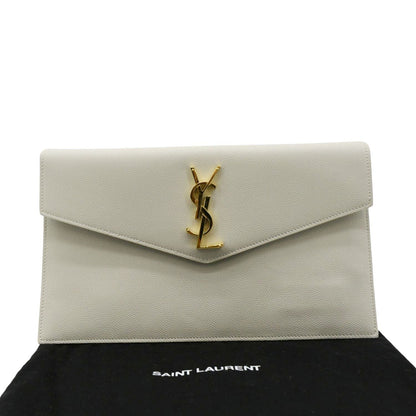 YVES SAINT LAURENT Uptown Envelope Grain De Poudre Leather Clutch Light Grey