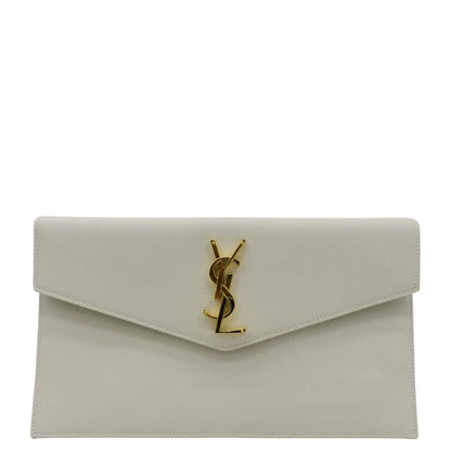 YVES SAINT LAURENT Uptown Envelope Grain De Poudre Leather Clutch Light Grey