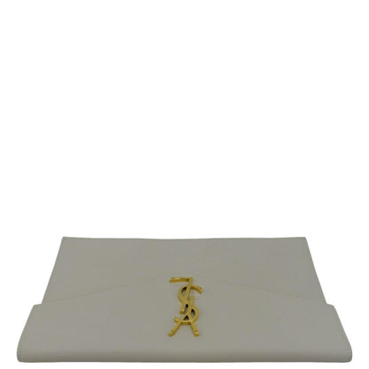 YVES SAINT LAURENT Uptown Envelope Grain De Poudre Leather Clutch Light Grey