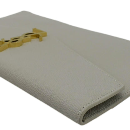 YVES SAINT LAURENT Uptown Envelope Grain De Poudre Leather Clutch Light Grey