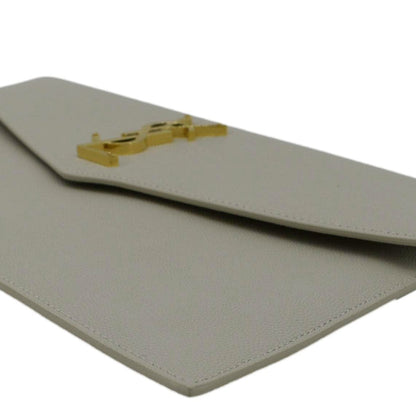 YVES SAINT LAURENT Uptown Envelope Grain De Poudre Leather Clutch Light Grey