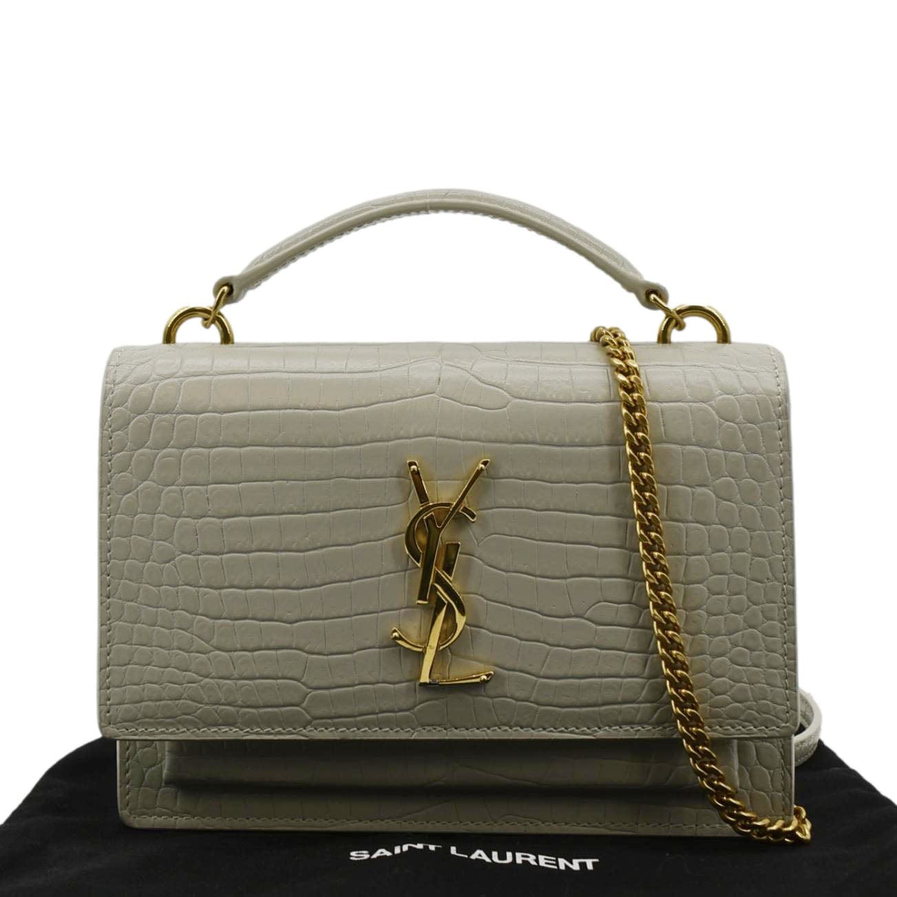 YVES SAINT LAURENT Sunset Crocodile Embossed Leather Crossbody Bag Ivory