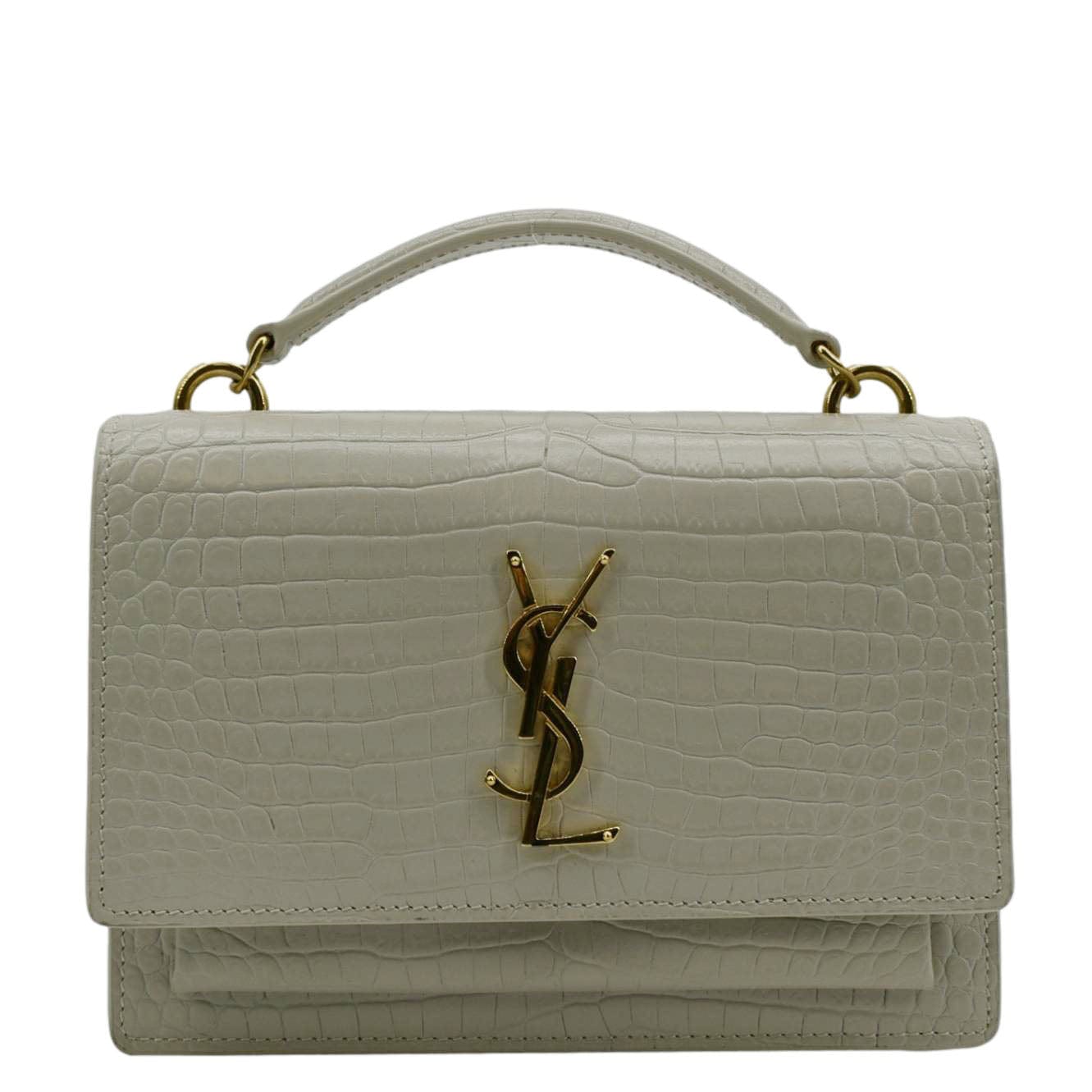 YVES SAINT LAURENT Sunset Crocodile Embossed Leather Crossbody Bag Ivory