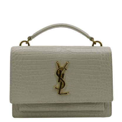 YVES SAINT LAURENT Sunset Crocodile Embossed Leather Crossbody Bag Ivory