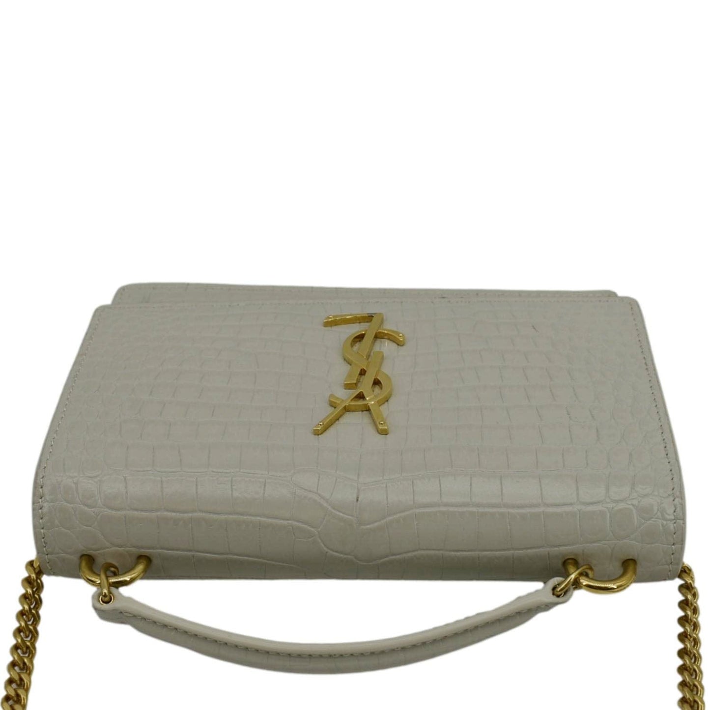 YVES SAINT LAURENT Sunset Crocodile Embossed Leather Crossbody Bag Ivory