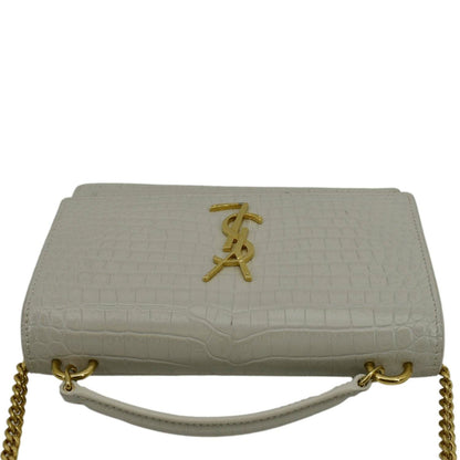 YVES SAINT LAURENT Sunset Crocodile Embossed Leather Crossbody Bag Ivory