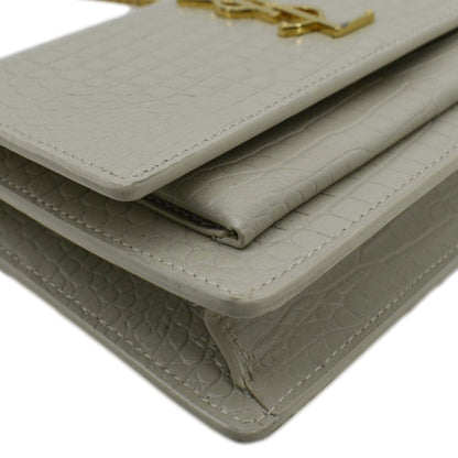 YVES SAINT LAURENT Sunset Crocodile Embossed Leather Crossbody Bag Ivory