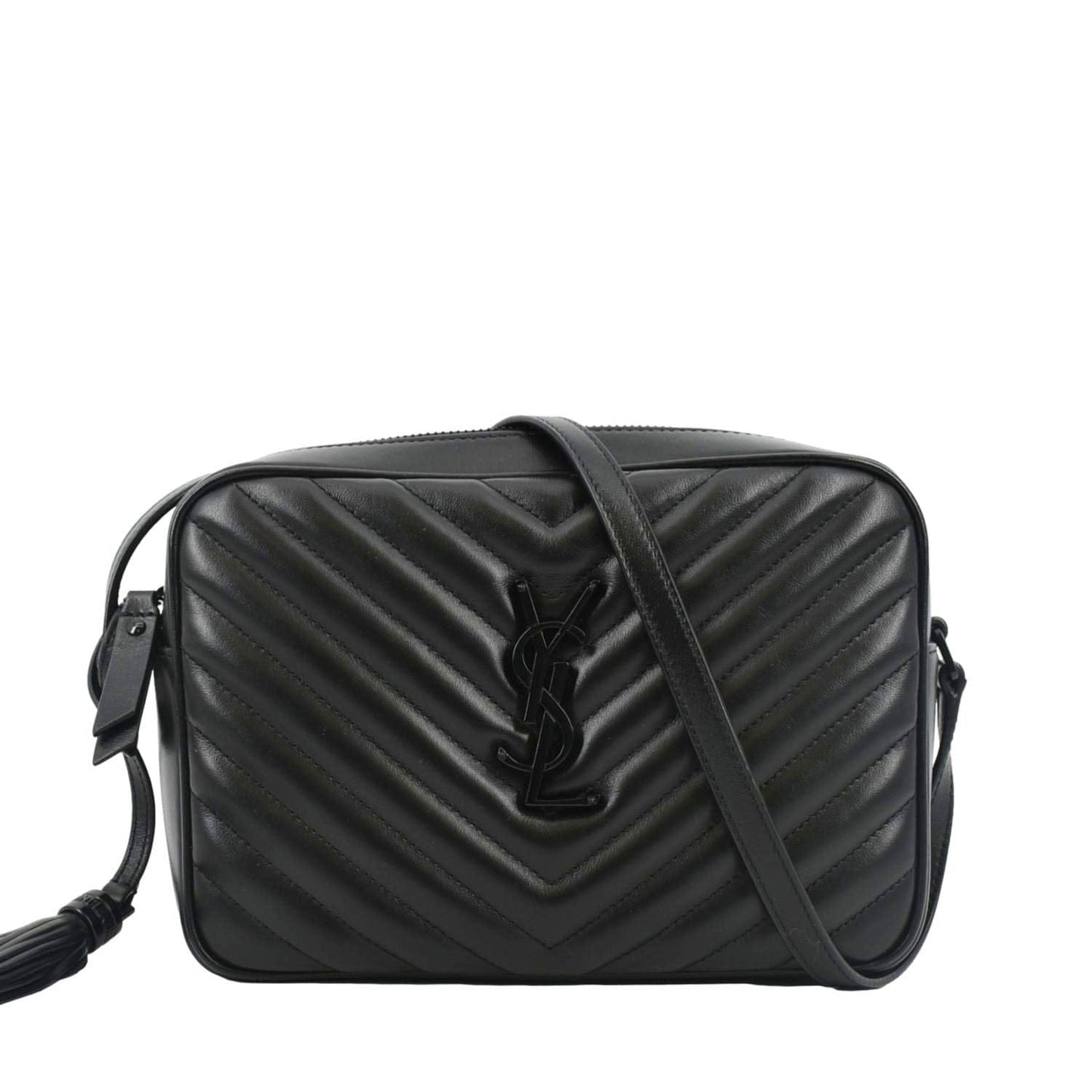 YVES SAINT LAURENT Lou Chevron Leather Camera Crossbody Bag Black