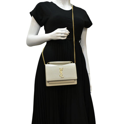 YVES SAINT LAURENT Sunset Crocodile Embossed Leather Crossbody Bag Ivory