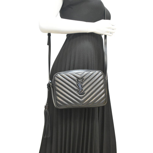 YVES SAINT LAURENT Lou Chevron Leather Camera Crossbody Bag Black