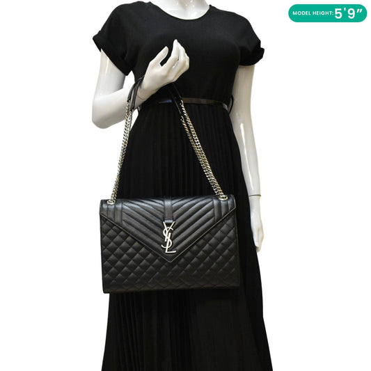 YVES SAINT LAURENT Large Envelope Mix Matelasse Leather Chain Shoulder Bag Black