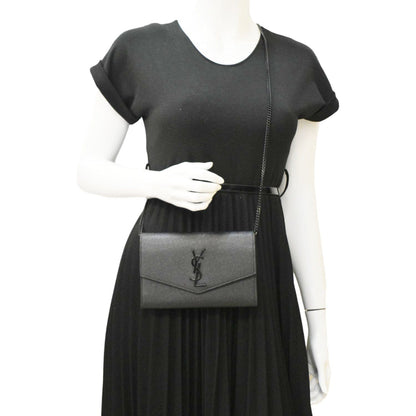 YVES SAINT LAURENT Uptown Grain De Poudre Embossed Leather Crossbody Chain Wallet Black