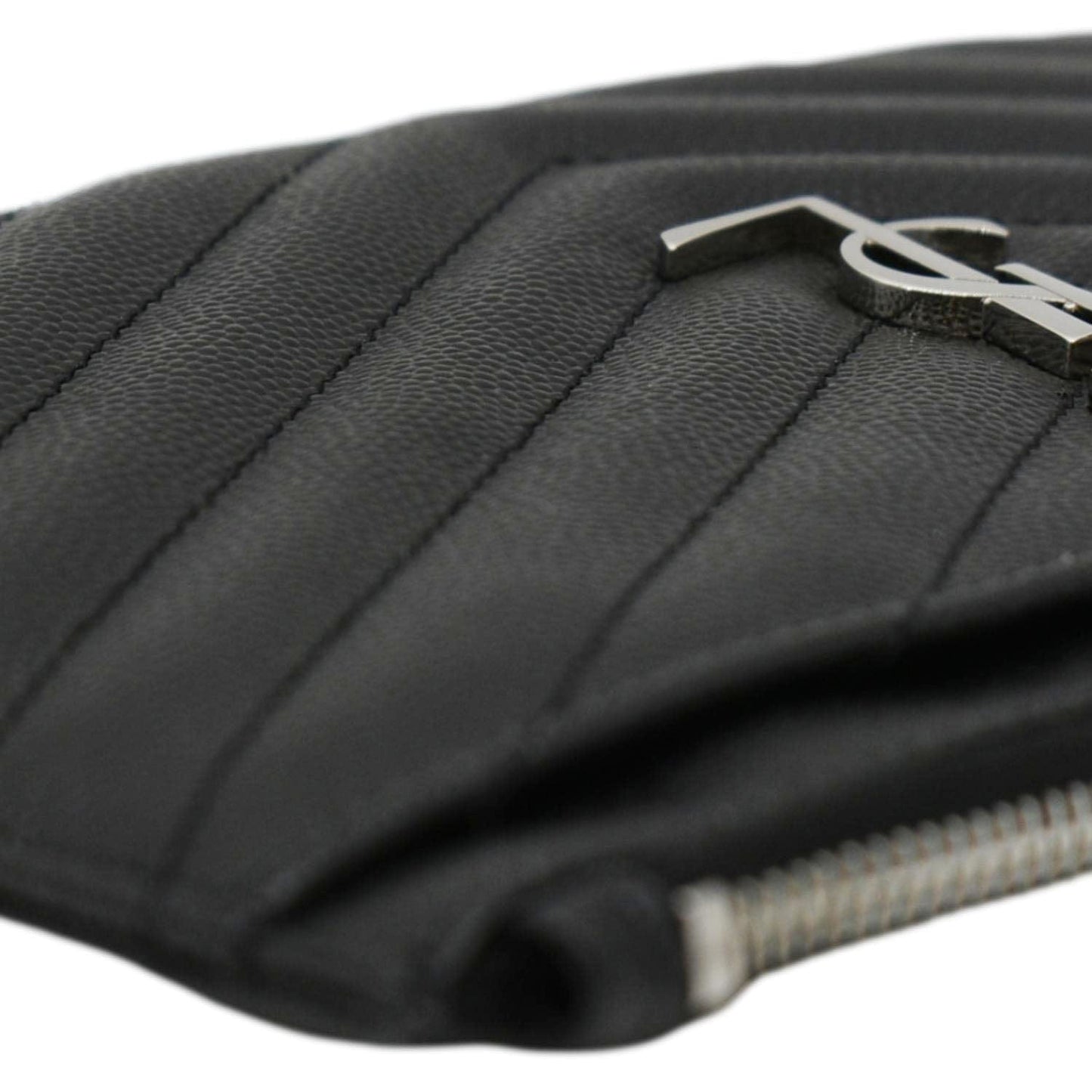 YVES SAINT LAURENT Monogram Bill Grain De Poudre Chevron Leather Zip Pouch Black
