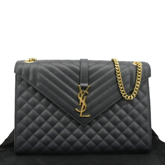 YVES SAINT LAURENT Large Envelope Chevron Leather Shoulder Bag Dark Grey