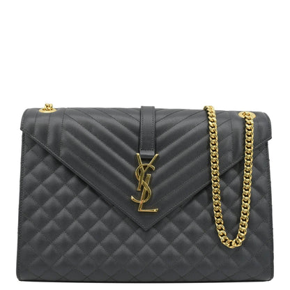 YVES SAINT LAURENT Large Envelope Chevron Leather Shoulder Bag Dark Grey