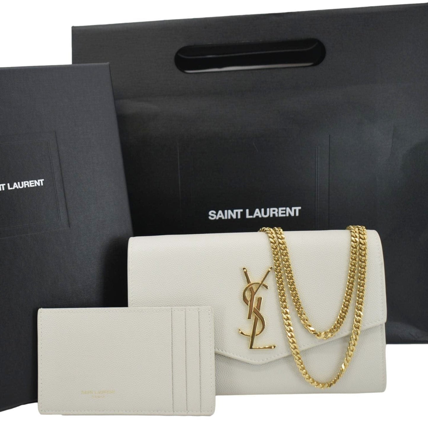 YVES SAINT LAURENT Uptown Grain De Poudre Embossed Leather Chain Wallet White