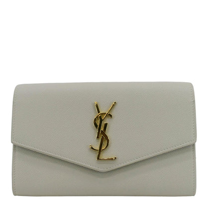YVES SAINT LAURENT Uptown Grain De Poudre Embossed Leather Chain Wallet White