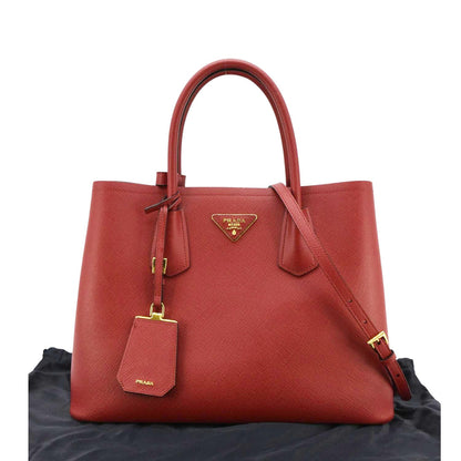 PRADA Double Handle Medium Saffiano Leather Tote Shoulder Bag Red