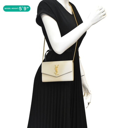 YVES SAINT LAURENT Uptown Grain De Poudre Embossed Leather Chain Wallet White