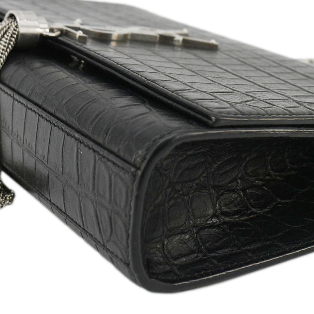 YVES SAINT LAURENT Kate Tassel Medium Crocodile Embossed Leather Crossbody Bag Black