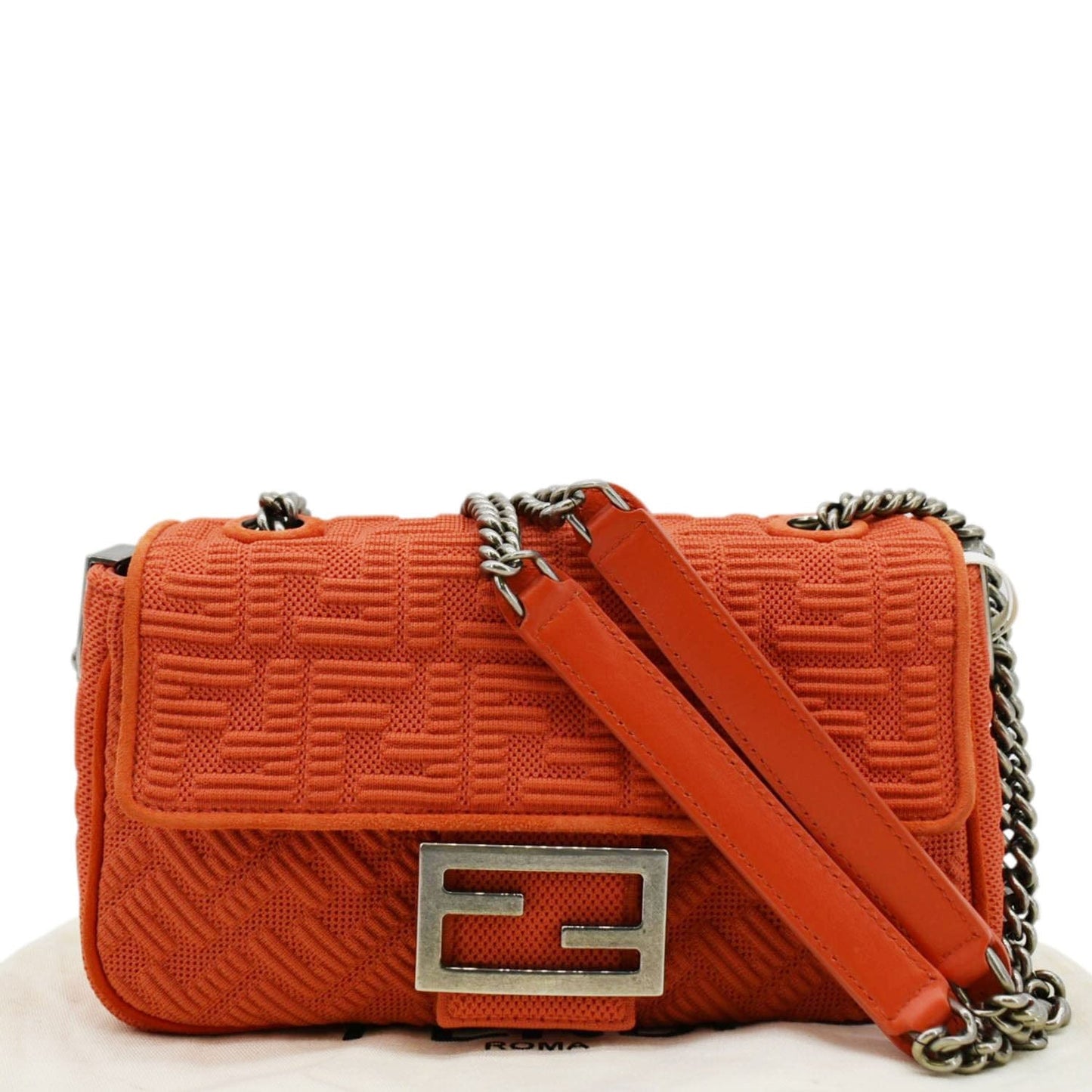 FENDI Baguette Technical Fabric FF Midi Chain Shoulder Bag Orange