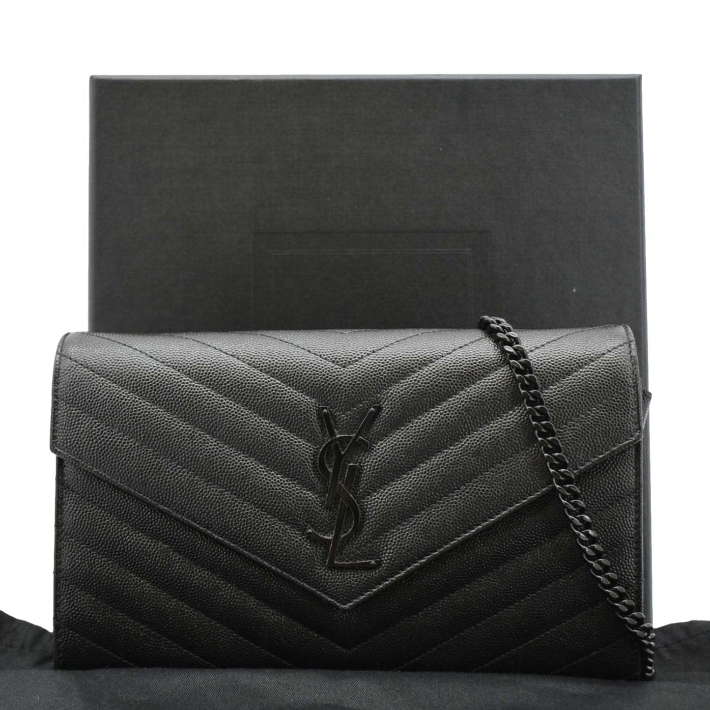 YVES SAINT LAURENT Cassandre Envelope Grain De Poudre Leather Chain Crossbody Bag Black
