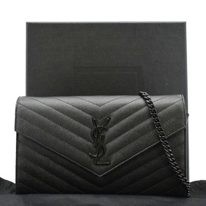 YVES SAINT LAURENT Cassandre Envelope Grain De Poudre Leather Chain Crossbody Bag Black