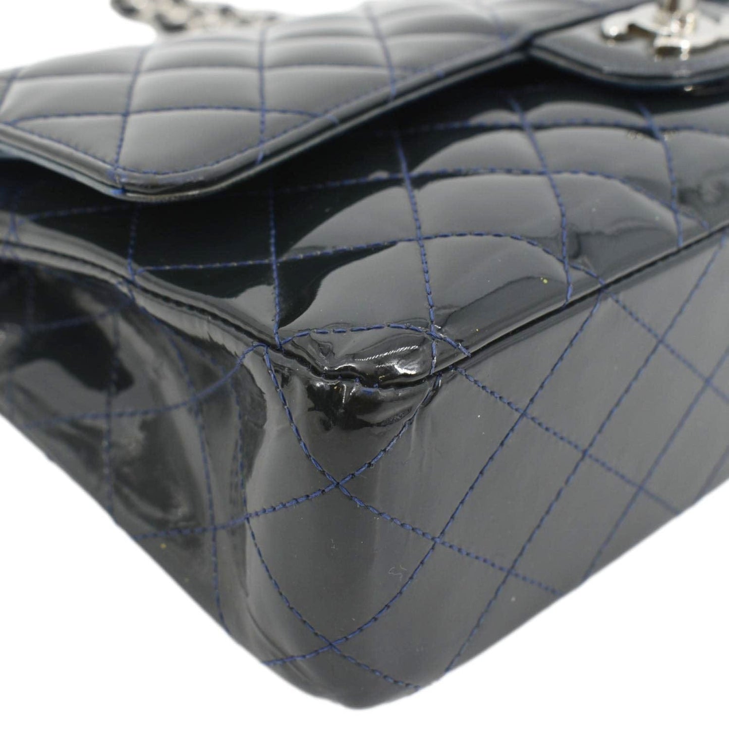 CHANEL Medium Double Flap Quilted Patent Leather Shoulder Bag Olive