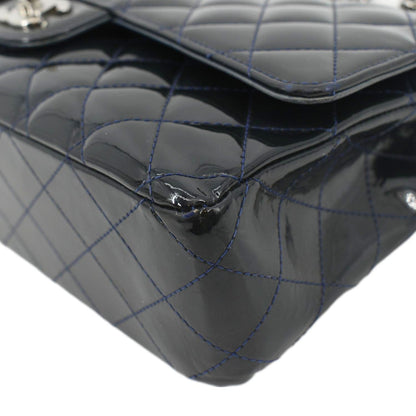 CHANEL Medium Double Flap Quilted Patent Leather Shoulder Bag Olive