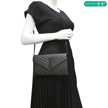 YVES SAINT LAURENT Cassandre Envelope Grain De Poudre Leather Chain Crossbody Bag Black