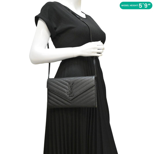 YVES SAINT LAURENT Cassandre Envelope Grain De Poudre Leather Chain Crossbody Bag Black