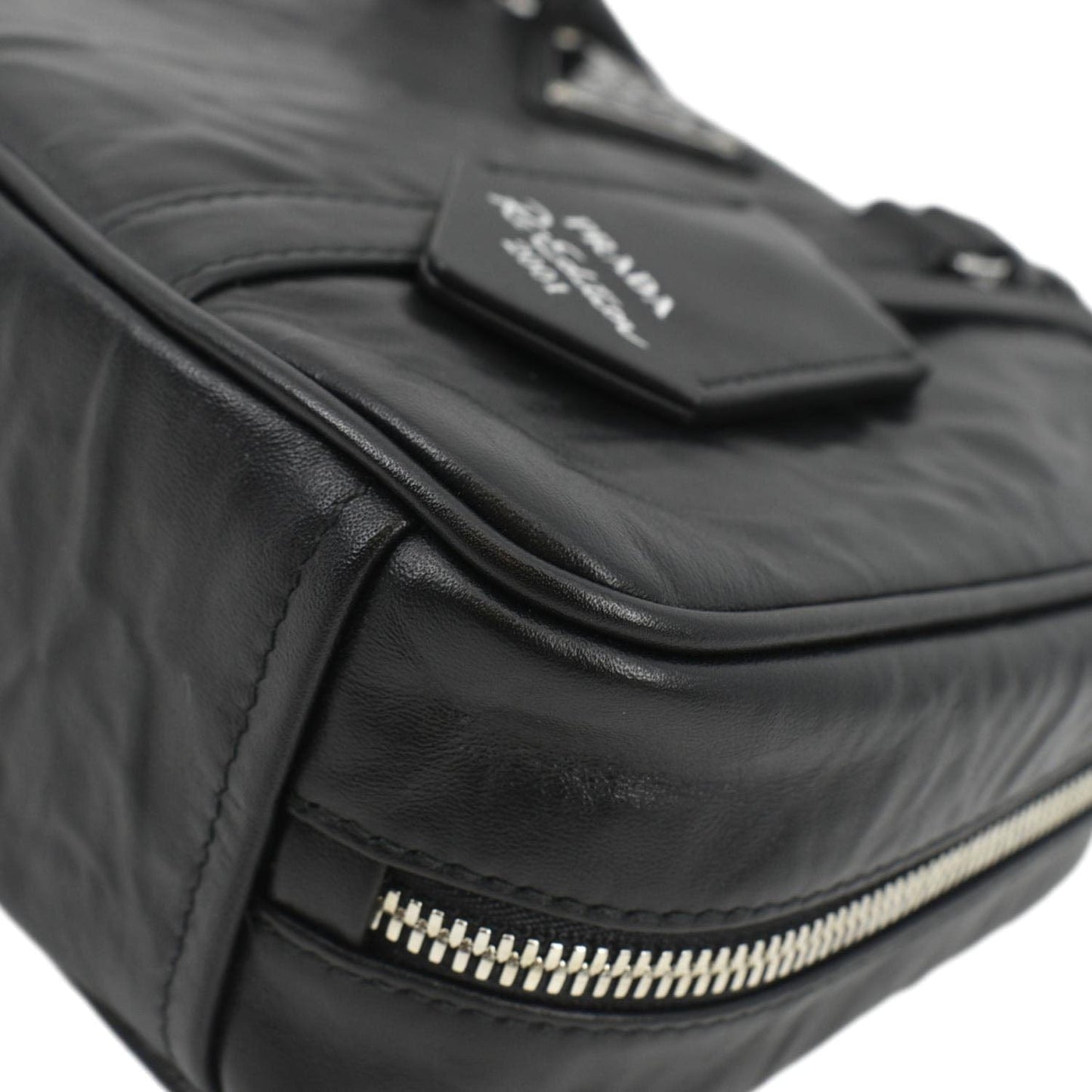 PRADA Re-edition 2001 Medium Antique Nappa Leather Shoulder Bag Black
