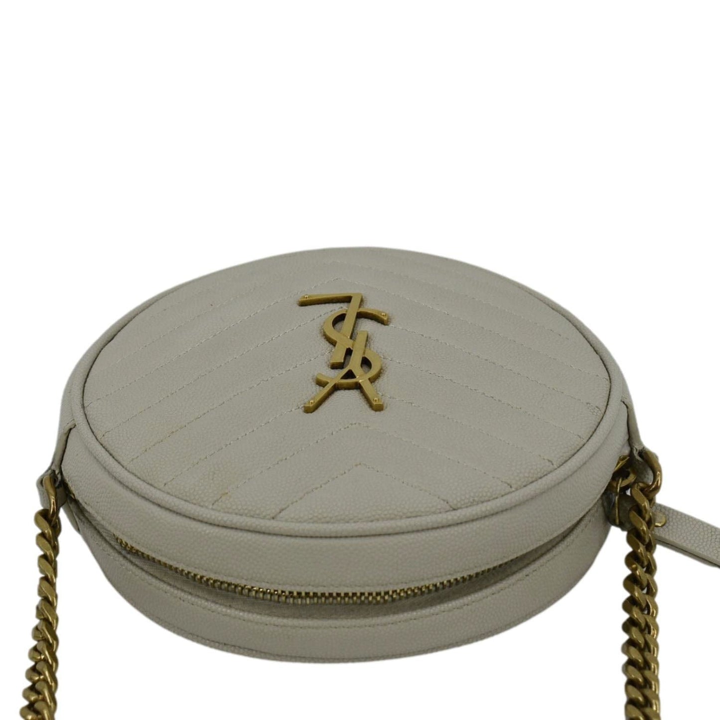 YVES SAINT LAURENT Vinyle Round Chevron Leather Camera Crossbody Bag Grey