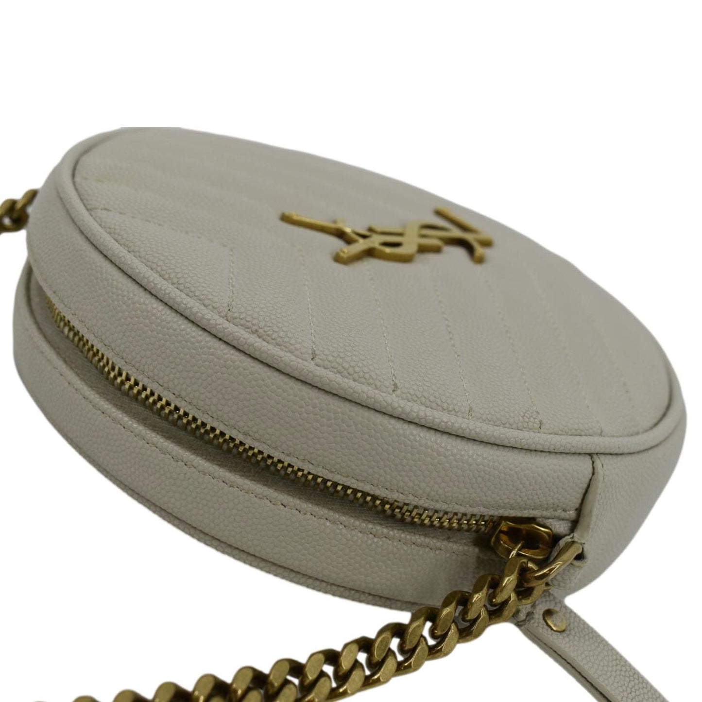 YVES SAINT LAURENT Vinyle Round Chevron Leather Camera Crossbody Bag Grey