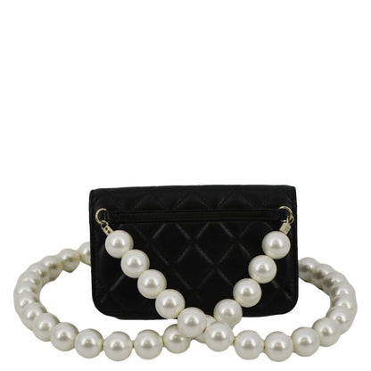 CHANEL Pearl Strap CC Mini Quilted Leather Wallet on Chain Shoulder Bag Black