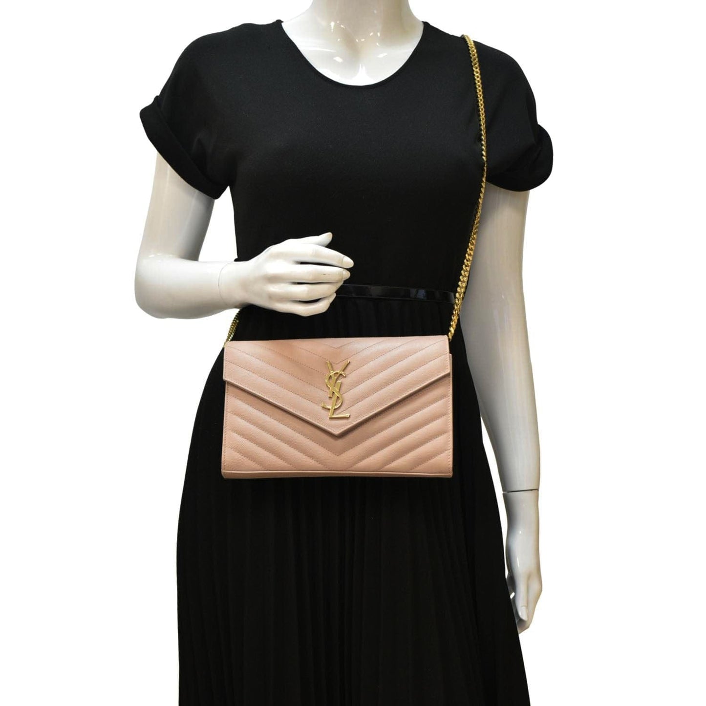 YVES SAINT LAURENT Cassandre Chain Wallet Leather Crossbody Bag Pink