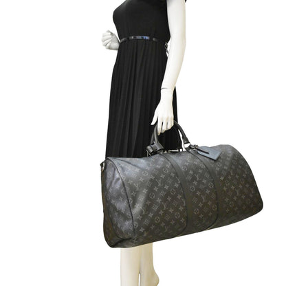 LOUIS VUITTON Keepall 55 Bandouliere Monogram Eclipse Travel Bag Black
