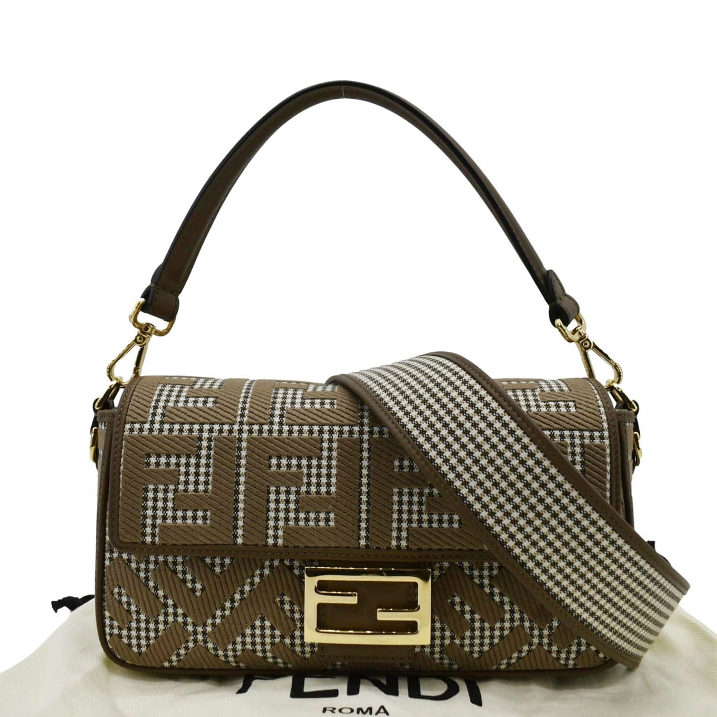 FENDI Houndstooth Baguette Zucca Wool Medium Shoulder Bag Olive