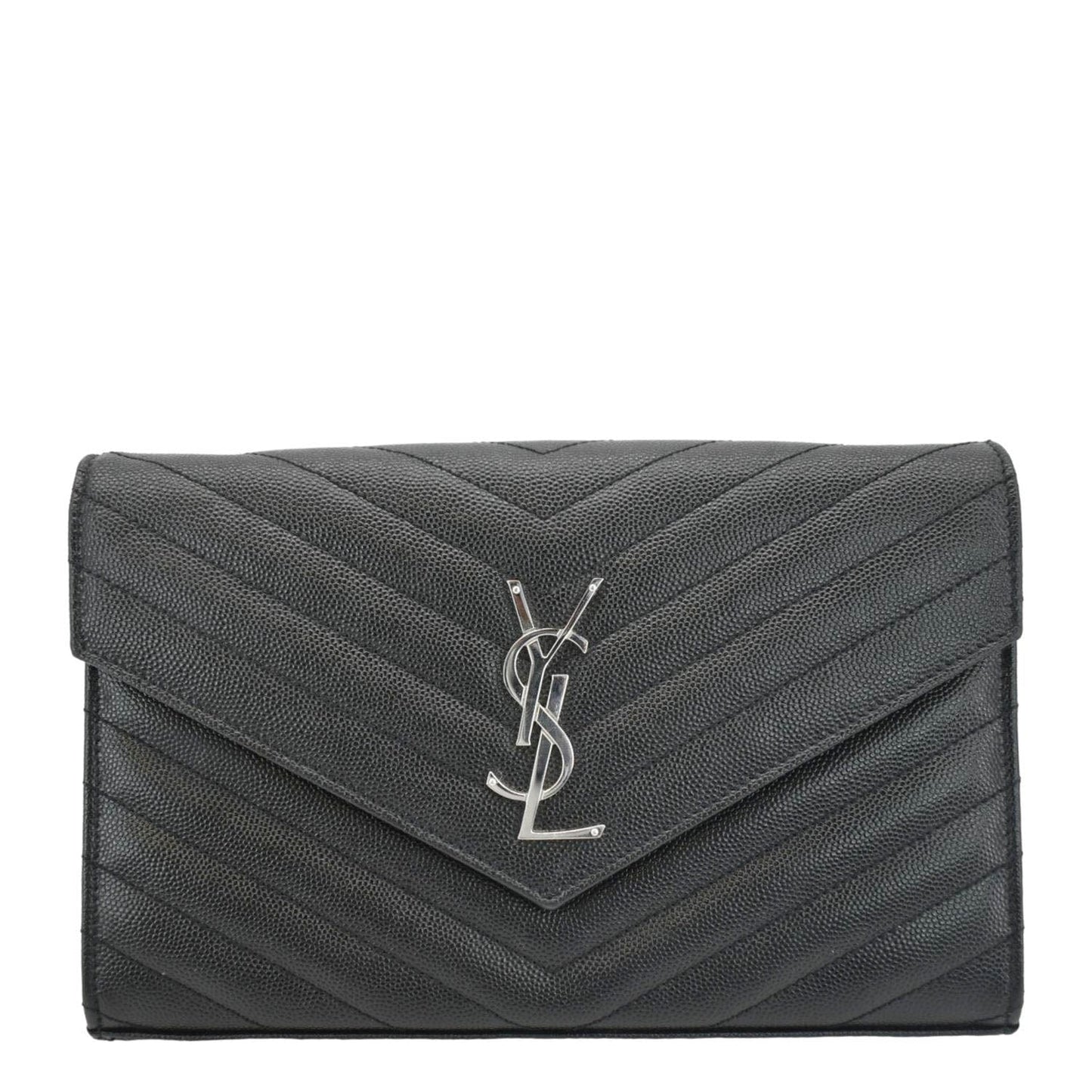 YVES SAINT LAURENT Envelope Chevron Leather Chain Wallet Crossbody Bag Black